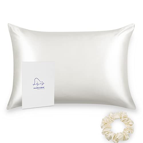 ALASKA BEAR Silk Pillowcase for Hair and Skin, Grade 6A 100% Mulberry Silk Pillow Cases Queen Size for Bliss Sleep with Random Color Scrunchy Gift Set Better than Poly Satin, 1 Pack, Natural Ivory White