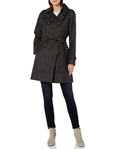 LONDON FOG Women's Double Breasted Trench Coat with Removable Hood, Black, Large
