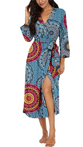 VINTATRE Women Kimono Robes Long Knit Bathrobe Lightweight Soft Knit Sleepwear V-neck Casual Ladies Loungewear FP-Mix Blue-Medium