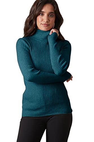 Fair Indigo Women's Organic Cotton Ribbed Turtleneck Sweater (L, Deep Teal)