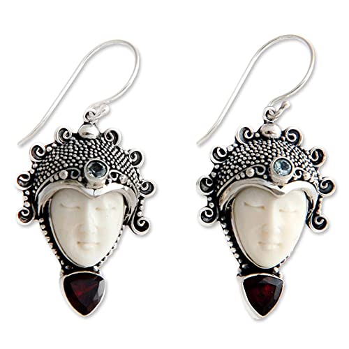 NOVICA Handmade Princess Aura - Handcurved Bone and Garnet Drop Hook Earrings For womens, Valentine's Day Gift, Hook Earring