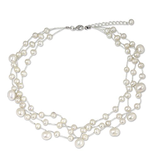 NOVICA Handmade Cultured Freshwater Pearl Choker Artisan Crafted Stainless Steel Silk White Thailand Bridal Birthstone [15.75 in L x 0.6 in W Extender 2.2 in L] 'Moonlight Glow'