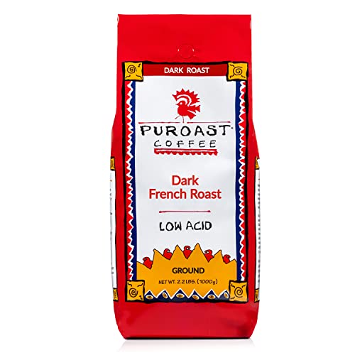 Puroast Low Acid Coffee Ground French Roast, Dark Roast, Certified Low Acid Coffee, pH 5.5+, Gut Health, 2.2 LB, Higher Antioxidant, Smooth for Espresso, Iced Coffee