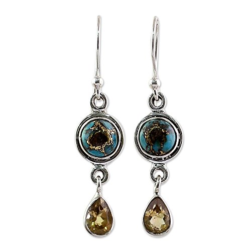 NOVICA Handmade Citrine Dangle Earrings Two Carat from India .925 Sterling Silver Reconstituted Turquoise Yellow Blue Birthstone [1.7 in L x 0.4 in W x 0.2 in D] 'Sunny Droplets'