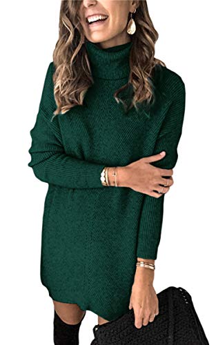 ECOWISH 2021 Women Sweater Dress Casual Turtleneck Winter Long Sleeve Knitted Pullover Sweaters Jumper Mini Dresses Green Medium