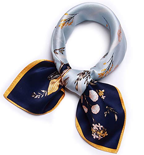 ANDANTINO Pure Mulberry Silk Scarf -21” Lightweight Small Square Neckerchief – Breathable Digital Printed Scarves with Gift Packed(Yellow&Blue)