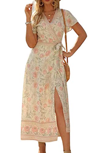 R.Vivimos Women's Summer Short Sleeve Floral Print Bohemian Beach Waist Tie Wrap Long Flowy Dress with Slit (Large, Beige)