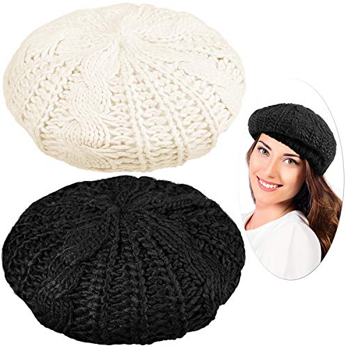 SATINIOR 2 Pcs Women Crochet Beret Solid Color Knit Beanie Hats Lightweight Ladies Beret Hats Slouchy French Berets (Black, Beige)