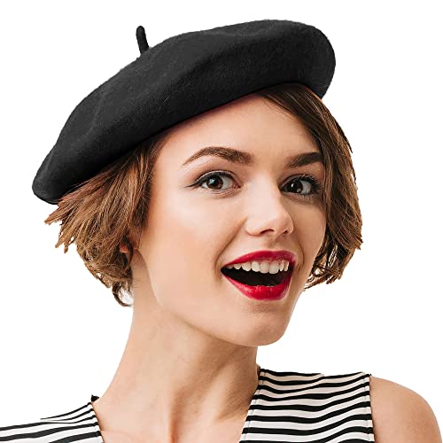 Kangaroo Black Beret Hats for Women - Vintage Classy French Hats - Lord Farquaad Costume Accessory - Stylish Wool Berets for Adults for Cosplay and Costume Party - Black Beret for Men and Women