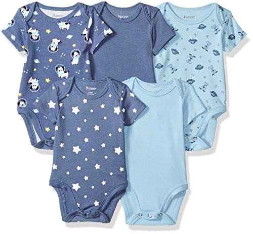 Hanes Baby Bodysuits, Ultimate Flexy Short Sleeve for Boys & Girls, 5-Pack, Sky, 12-18 Months