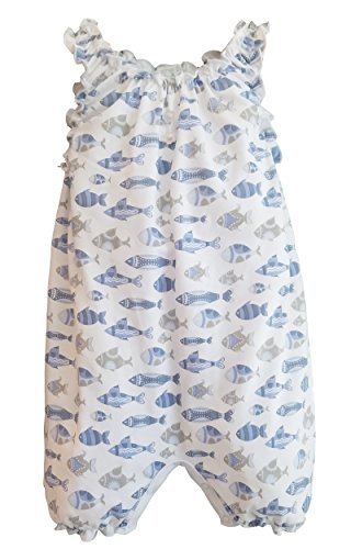 Feather Baby Girls Clothes Pima Cotton Sleeveless One-Piece Sunsuit Shortie Baby Romper, 6-9 Months, Fish-Blue on White